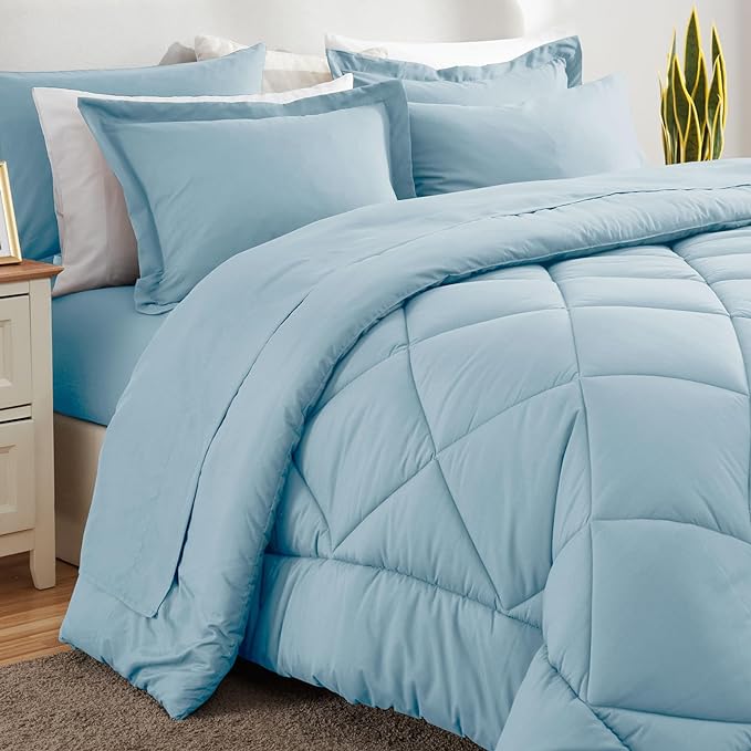 CozyLux King Bed in a Bag 7-Pieces Comforter Sets with Comforter and Sheets Light Blue All Season Bedding Sets with Comforter, Pillow Shams, Flat Sheet, Fitted Sheet and Pillowcases - LeafyLoom