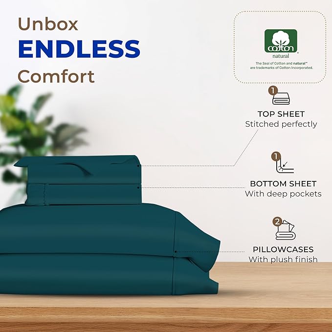 THREAD SPREAD 100% Egyptian Cotton Sheets California King Size - 600 Thread Count 4 PC Luxury Sheets Cal King Size, Soft, Cooling Hotel Luxury Bed Sheets & Pillowcases, Fits Mattress upto 18" - Teal - LeafyLoom