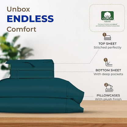 THREAD SPREAD 600 Thread Count Sheets Queen - 100% Egyptian Cotton Sheets Queen Size, 4 PC Luxury Sheets Queen Size, Ultra Soft Queen Sheets & Pillowcases Set, 16" Deep Pocket Cooling Sheet - Teal - LeafyLoom