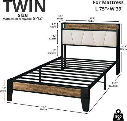 LIKIMIO Twin Bed Frames, Storage Headboard with Charging Station, Solid and Stable, Noise Free, No Box Spring Needed, Easy Assembly (Walnut and Beige) - LeafyLoom