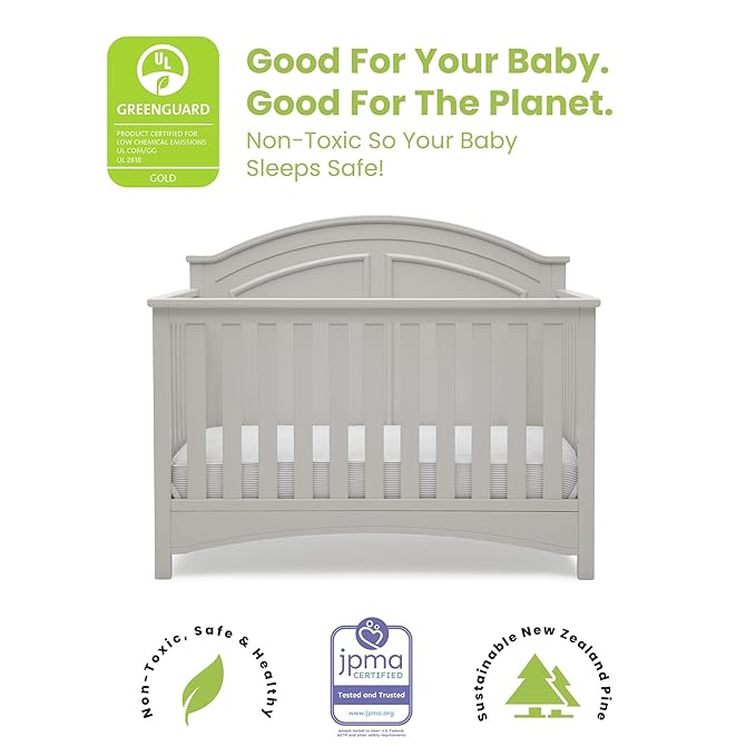 Delta Children Perry 6-in-1 Convertible Crib - Greenguard Gold Certified, Moonstruck Grey + Simmons Kids Radiant Sky Dual Sided Baby Crib Mattress and Toddler Mattress (Bundle) - LeafyLoom