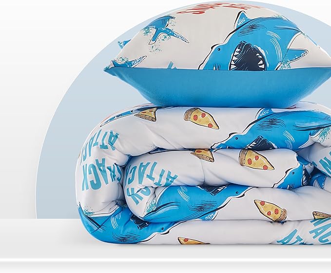 SLEEP ZONE Jersey Knit 2-Piece Twin Size Comforter Set, Blue Shark Design for Boys, Skin-Friendly and Breathable, Super Soft, Durable, Comfortable Kids Bedding Set（Sharks, Twin） - LeafyLoom