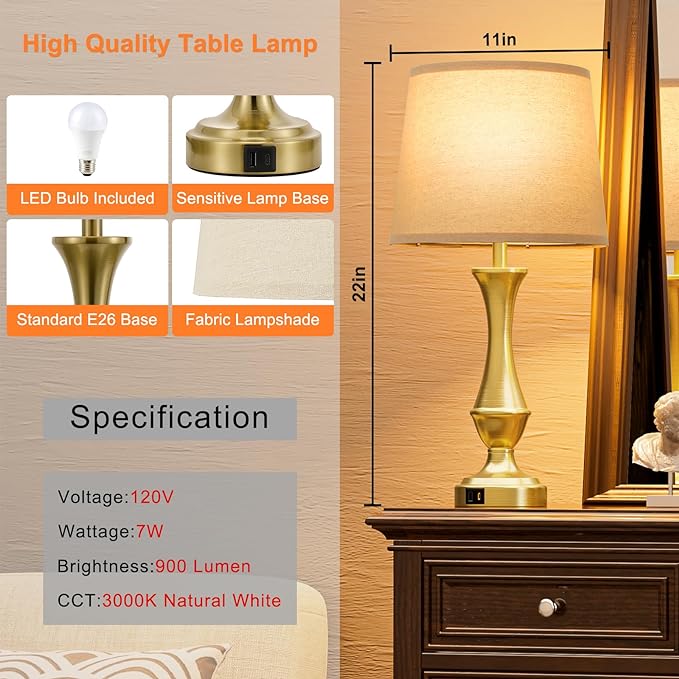 Touch Lamps for Bedrooms Set of 2 - Nightstand Table Lamp with USB C+A, 3 Way Dimmable Bedside Lamps for Living Room End Tables Set of 2, Farmhouse Night Stand Lamps(Brown&Gold) - LeafyLoom