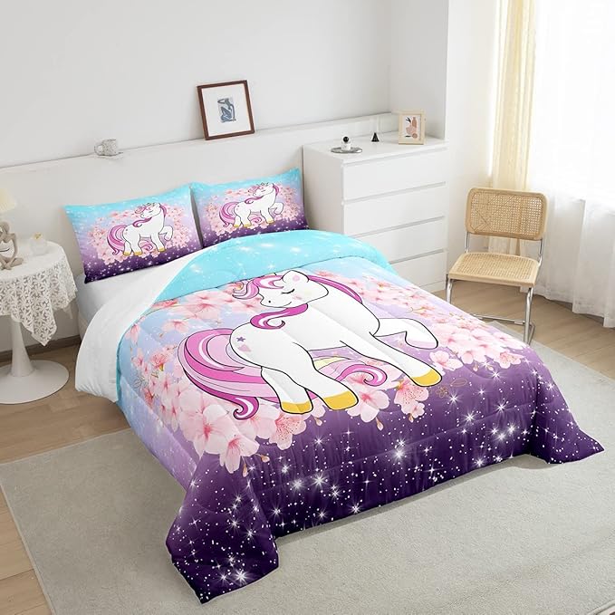 Unicorn Comforter Set Queen, Kids Unicorn Floral Bedding for Girls Boys Children Bedroom Decor, Cherry Blossoms Glitter Down Comforter Galaxy Kawaii Quilt Set with 2 Pillowcases, Blue Purple Ombre - LeafyLoom