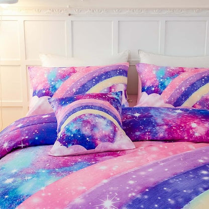 6Pcs Teen Pink Bedding Set Full for Girls, 3D Tie Dye Comforter Pink Colorful Rainbow Kids Comforter Set, Ultra Soft Pastle Nebula Printed Bed in A Bag with Sheets - LeafyLoom