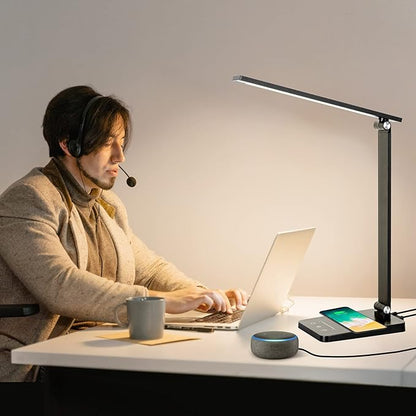 LED Desk Lamp for Home Office, 3 Levels Dimmable Desk Light with USB Charging Port, Small Study Lamp, Reading Light for Table, Deep Black, 5000K - LeafyLoom