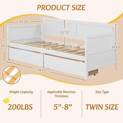 Twin Daybed with 2 Storage Drawers,Pinewood Twin Size Daybed Frame with Solid Guardrail,Dual-Use Sofa Daybed for Boys/Girls/Teens Bedroom, Easy to Assemble, No Box Spring Needed,White - LeafyLoom