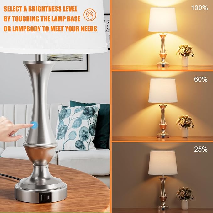 Touch Lamps for Bedrooms Set of 2 - Nightstand Table Lamp with USB C+A, 3 Way Dimmable Bedside Lamps for Living Room End Tables Set of 2, Farmhouse Night Stand Lamps(White&Nickel) - LeafyLoom