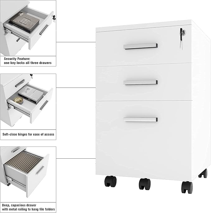 Lazio 26 Inch File Cabinet with Lock - Filing Cabinet for Home and Office - 3 Drawer File Cabinet with Wheels for A4 Sized Letters/Documents, Legal Sized Documents, Hanging File Folders - White/White - LeafyLoom