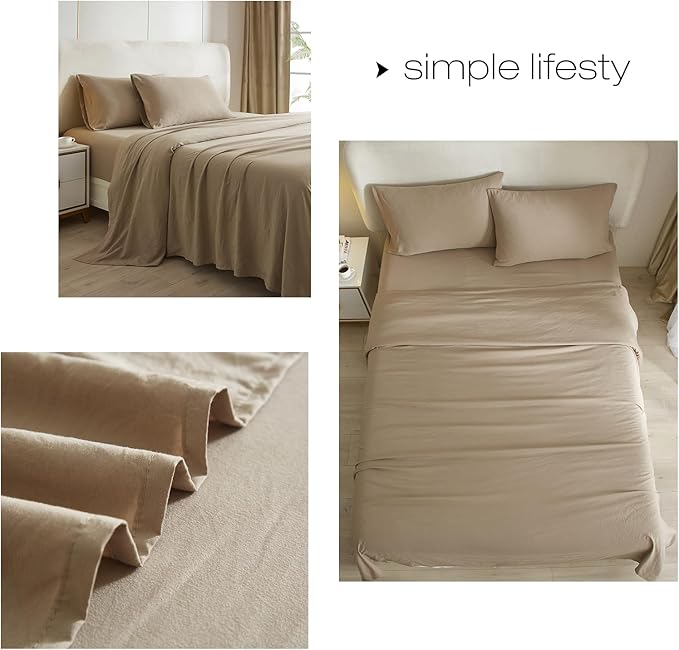 HighBuy Khaki Sheets for Queen Size Bed,4 Piece Cooling Sheets Queen Deep Pocket up to 16 Inch,Solid Bedding Sheets & Pillowcases Set,Wrinkle, Fade, Stain Resistant - 4 Piece (Queen, Khaki) - LeafyLoom