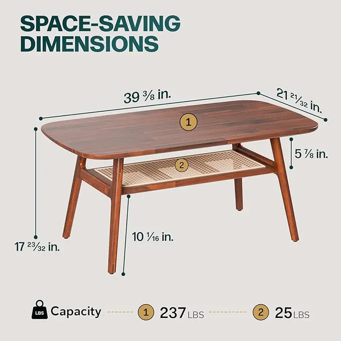 Bme Nancy Solid Acacia Wood Coffee Table for Living Room, Spacious Oval-Shaped 237 Lbs Top Capacity, Rattan Shelf below, Mid Century, Rustic and Modern Style Living Room Furniture, Dark Chocolate - LeafyLoom