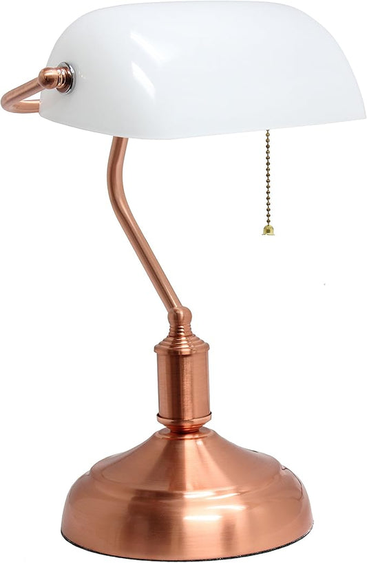 Simple Designs LT3216-RGD Executive Banker's Desk Lamp with White Glass Shade, Rose Gold - LeafyLoom