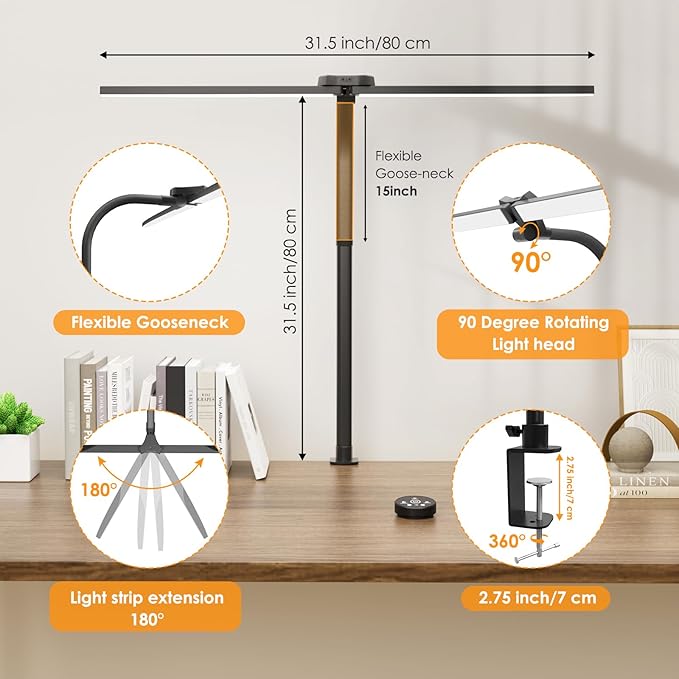 LED Desk Lamp for Home Office, 24W Double Head Architect Desk Lamp with Clamp, Remote Control, Adjustable Gooseneck, Stepless Dimming and Tempering Desk Light for Reading Study Drafting - LeafyLoom