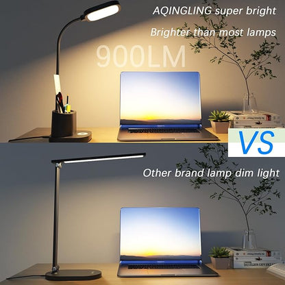 LED Desk Lamp for Home Office with USB Charging Port, Rechargeable Powered Table Lamp Battery Operated Cordless Reading Lamp, Pen Holder, 3 Way Dimmable, Bright, Tall, Flexible, Gooseneck, Black - LeafyLoom