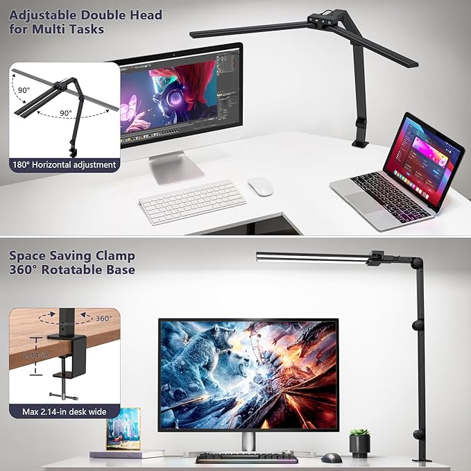 KableRika Desk Lamp,Double Head Desk Lamp with Clamp,24W Led Desk Lights for Home Office Ultra Bright Architect Table Lamp 4 Brightness 4 Color,Auto Dimming Task Lamp for Monitor Work Study - LeafyLoom