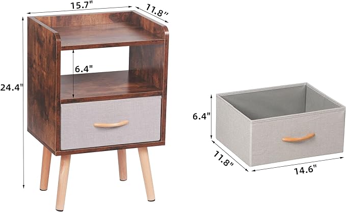 LUCKNOCK NightStand with Fabric Drawer, Bedside Table with Solid Wood Legs, Minimalist and Practical End Side Table with Open Storage Shelf for Bedroom, Rustic Brown. - LeafyLoom