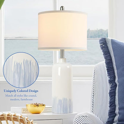 26" Ceramic Table Lamps Set of 2, Coastal Living Room Table Lamps with White Fabric Shades, Large Modern Bedside Lamps for Bedroom Nightstand Office Hotel Beach House, Blue Accent - LeafyLoom