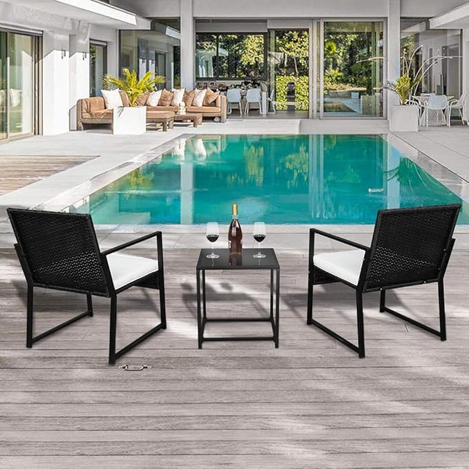 Outvita 3PCS Rattan Conversation Set, Outdoor Wicker Furniture Bistro Set 2 Chairs and Glass Top Table for Small Balcony Backyard Patio(Black) - LeafyLoom