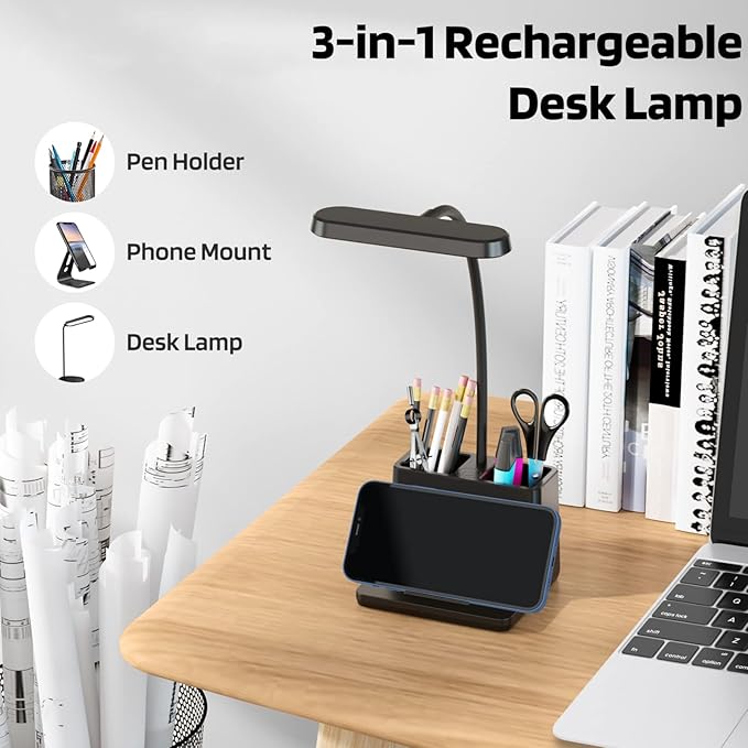 Battery Operated Desk Lamp, Small Desk Light for Home Office, Rechargeable Desktop Lamp, LED Portable Lamp with Adjustable Gooseneck, Black Study Reading Lamp for Kids - LeafyLoom