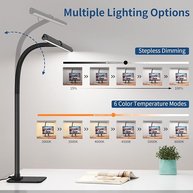 KableRika Desk Lamp, 24W Brightest LED Desk Lamp For Home Office, 31.5" Wide Dimmable Architect Task Lamp With Base,Eye Protection Modern Tall Desk Light For Workbench Office Lighting Computer Working - LeafyLoom