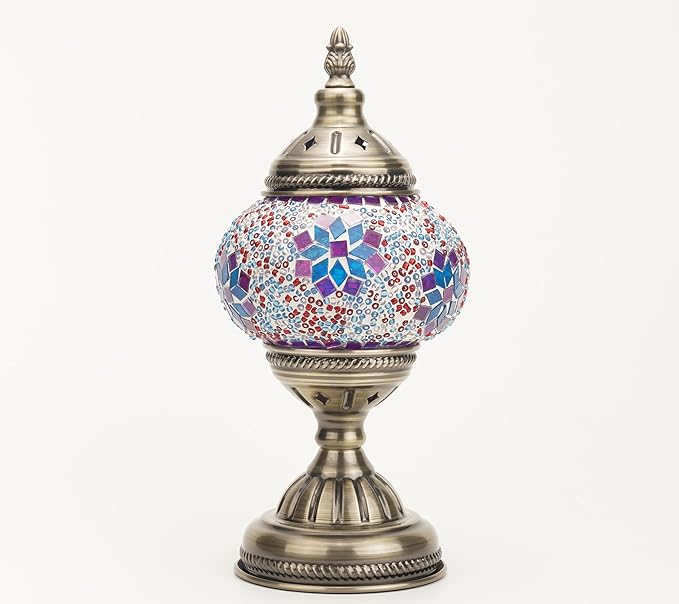 Turkish Moroccan Table Lamp Lantern with Handmade Mosaic Glass Lampshade Tiffany style Bohemian Stained Glass Decorative Desk Lamps Bedside Night Lights for Bedroom (Multi-colored 1) - LeafyLoom