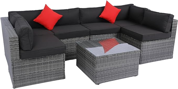 5-Pieces Patio Furniture Set with Coffee Table and 2 Pillows, PE Rattan Outdoor Conversation Sectional Sofa Seating Goup for Balcony Front Porch Backyard Law, Grey Wicker+Black Cushion - LeafyLoom