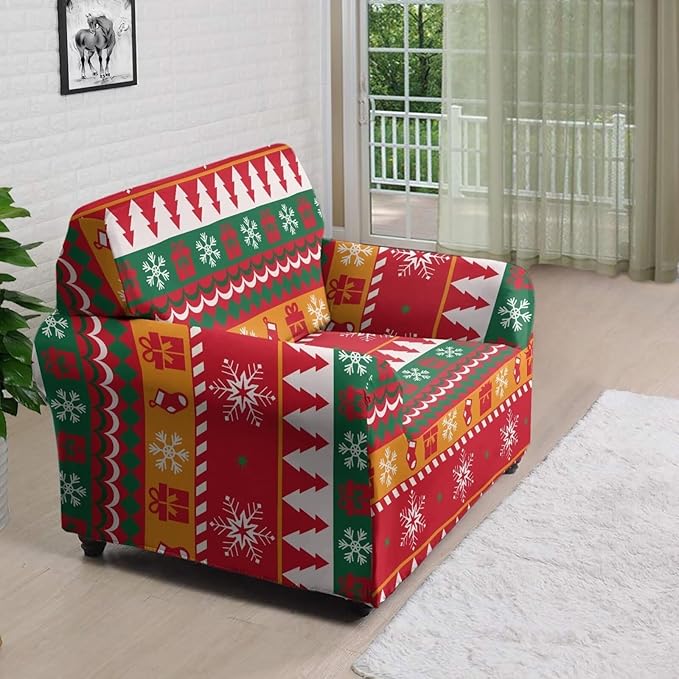 FKELYI Red Christmas Sofa Furniture Protector Easy Going Stretch Sofa Slipcover Comfortable Sofa Couch Cover with Elastic Bottom S FKELYI