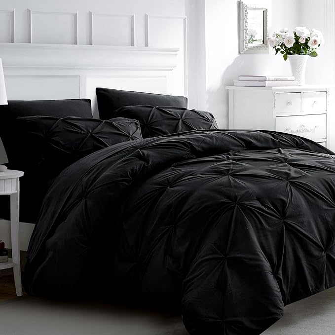 Ubauba 7pc Full Size Comforter Set with Sheets, Pinched Pleat 7 Piece Bed in a Bag Black Bed Set with Comforter, All Season Pintuck Bedding Sets (Black,Full) - LeafyLoom