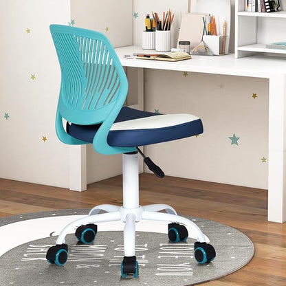 Desk Chair Small Study Chairs Armless for Children Kids Teens, Swivel Rolling Lightweight Task Chair with Wheels and Pu Leather Padded Cushion, Green/Navy - LeafyLoom