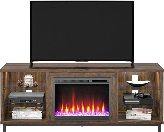 Ameriwood Home Lumina Fireplace TV Stand for TVs up to 70 Inch, Replaceable Electric Fireplace Insert Heater, Remote Control, Timer, Color Changing LED Lights, Crystal Ember Flames, Walnut - LeafyLoom