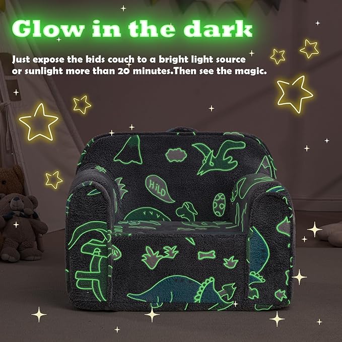 Comfy Toddler Chair Kids Chair,Toddler Foam Chair,Kids Armchair Toddler Couch Baby Kids Sofa Reading Chair with Glow in The Dark(Glow Dino) - LeafyLoom