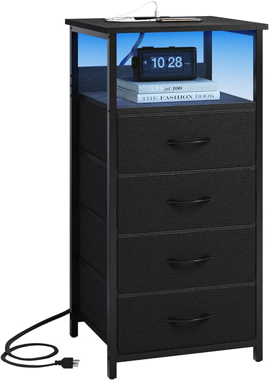 Fixwal Night Stand with Charging Station, LED Dresser for Bedroom Tall Nightstand with USB Ports and Outlets, 4 Fabric Storage Drawers with PU Finish, Bed Side Table, Black - LeafyLoom