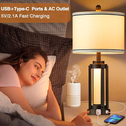 25" Modern Table Lamps Set of 2, Industrial Beside Lamps with USB A+C Charging Ports & AC Outlet, Nightstand Lamp with Glass Night Light for Living Room Bedroom End Table Decor White(4 Bulbs Included) - LeafyLoom