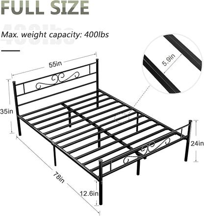 VECELO Full Size Bed Frame with Headboard, 14 Inch Metal Platform Mattress Foundation, No Box Spring Needed, Squeak Resistant, Easy Assembly, Matte Black - LeafyLoom