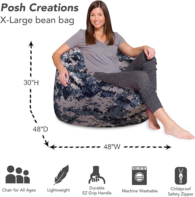 Posh Creations Bean Bag Chair for Kids, Teens, and Adults Includes Removable and Machine Washable Cover, Soft Nylon - Camo Digital, 48in - X-Large - LeafyLoom