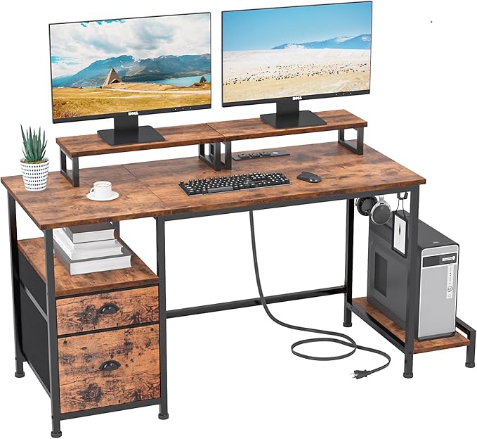 Furologee Computer Desk with Drawer and Power Outlets, 47" Office Desk with 2 Monitor Stands and Fabric File Cabinet, Writing Gaming Table with Shelves and 2 Hooks for Home Office, Rustic Brown - LeafyLoom