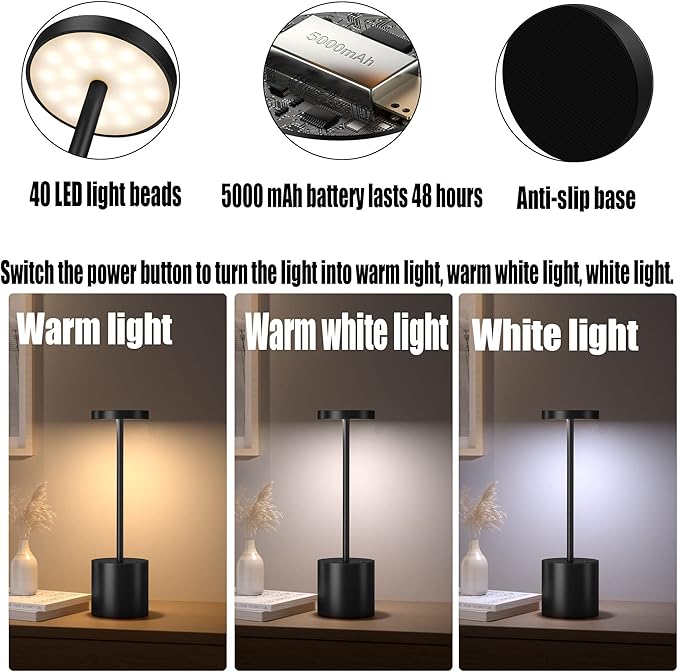 2Pack Cordless Table Lamp, Rechargeable LED Battery 5000mAh Metal USB Portable Powered Desk Lamp, 3 Levels Brightness Light for Restaurants Outdoor (2pack 10.25in Black) - LeafyLoom