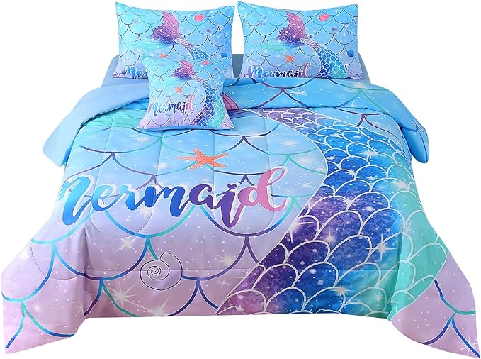 JQinHome Mermaid Comforter Set Full Size, 6 Piece Mermaid Tail Bed in A Bag,3D Colorful Mermaid Bedding Set for Girls Kids, Sparkle Teal Bedroom Decor Bedding Set with Sheets (Blue) - LeafyLoom