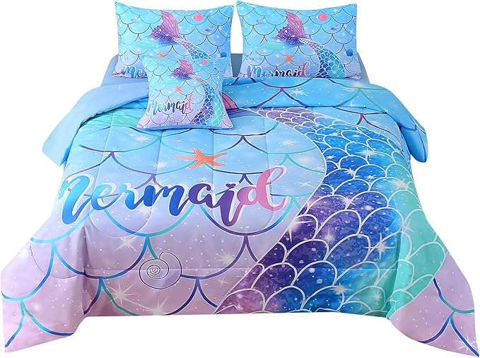 JQinHome Mermaid Comforter Set Twin Size, 6 Piece Mermaid Tail Bed in A Bag,3D Colorful Mermaid Bedding Set for Girls Kids, Sparkle Teal Bedroom Decor Bedding Set with Sheets (Blue) - LeafyLoom