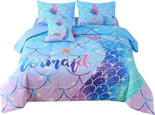 JQinHome Mermaid Comforter Set Queen Size, 6 Piece Mermaid Tail Bed in A Bag,3D Colorful Mermaid Bedding Set for Girls Kids, Sparkle Teal Bedroom Decor Bedding Set with Sheets (Blue) - LeafyLoom