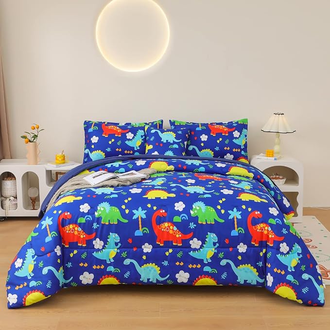 Dinosaur Comforter Set for Boys, 6 Pcs Bed in a Bag Twin Blue Dinosaur Wild Park Jungle Print Kids Bedding Set with Sheets - LeafyLoom