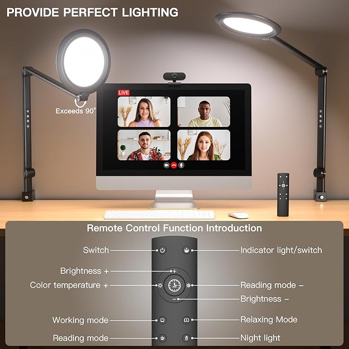 Desk Lamp LED with Remote Control, Desk Light for Video Conferencing, Zoom Light with Clamp, Adjustable Brightness & Color Temperature, Webcam Light, Keylight, Table Lamp - LeafyLoom