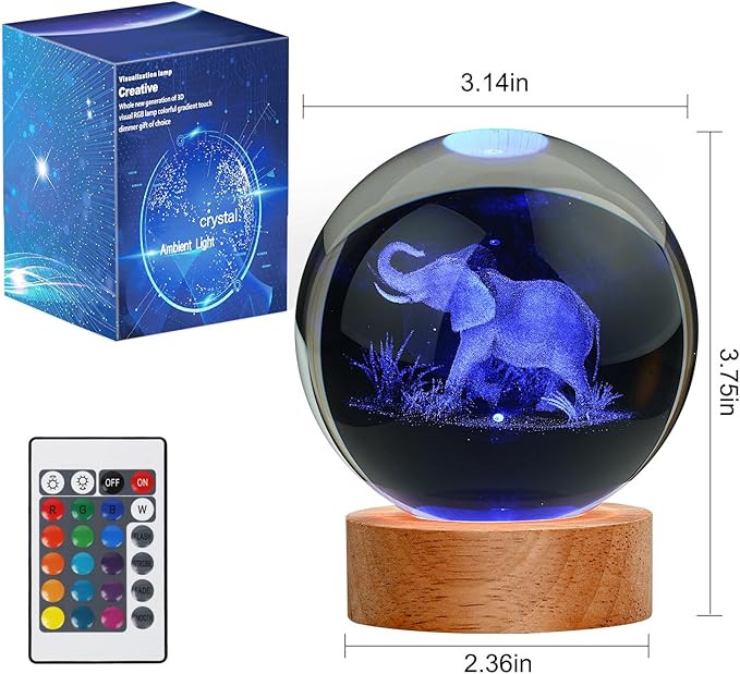 Large 3D Elephant Lamp Crystal Ball Night Light, Light up Elephant 16 Color Changing with Remote Control for Bedroom Decor, Cool Desk Decor Gift for Teens Boys and Girls, Elephant - LeafyLoom