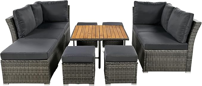 9 Piece Patio Furniture Set with Solid Wood Coffee Table and Ottomans, Rattan Modular Outdoor Sectional Conversation Sofa, for Garden Backyard, Onesize, Gray - LeafyLoom