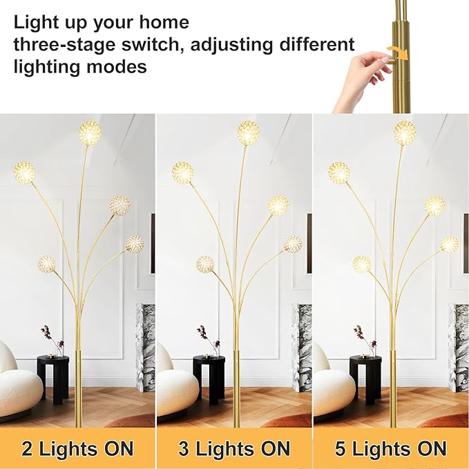 Depuley 5-Light Modern LED Floor Lamp, Adjustable Metal Tall Standing Lamps with Marble Base, Dimmable Arc Floor Lamp with Flexible Rotating Lights for Living Room, Bedroom(Gold, G9 Bulbs Included) - LeafyLoom