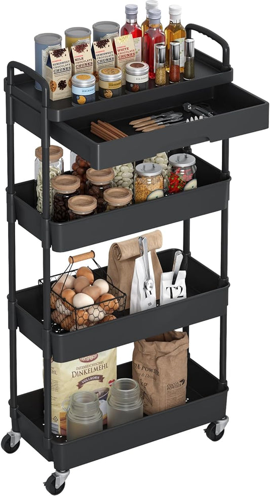 4-Tier Rolling Cart，Trolley with Drawer, Kitchen Storage Organizer with Plastic Shelf & Metal Wheels, Storage Cart for Living Room, Kitchen, Office, Bathroom, Black - LeafyLoom