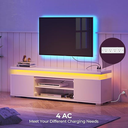 Rolanstar TV Stand with LED Lights & Power Outlet, Modern Entertainment Center for 32/43/50/55/65 Inchs TVs, Table, Universal Gaming Media Stand Storage Cabinet and Large Storage, White - LeafyLoom