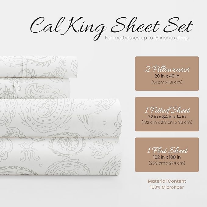 4 Piece California King Bedding Sheet Set (Gray Floral) - Sleep Better Than Ever with These Ultra-Soft & Cooling Bed Sheets for Your Cal King Size Bed - Deep Pocket Fits 16" Mattress - LeafyLoom