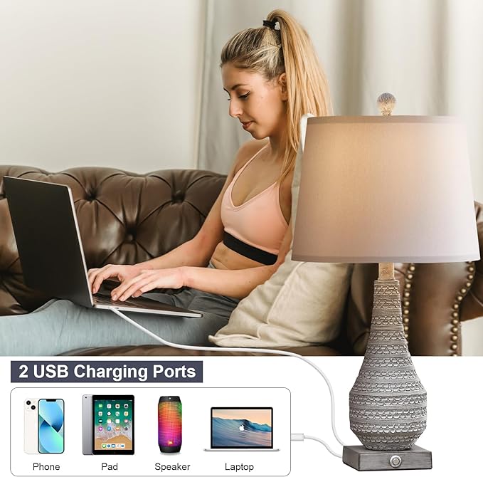 BOBOMOMO 3-Way 24.5" Dimmable Touch Control Table Lamp Set of 2 with Dual USB for Bedroom Living Room Bedside Nightstand Lamps - LeafyLoom