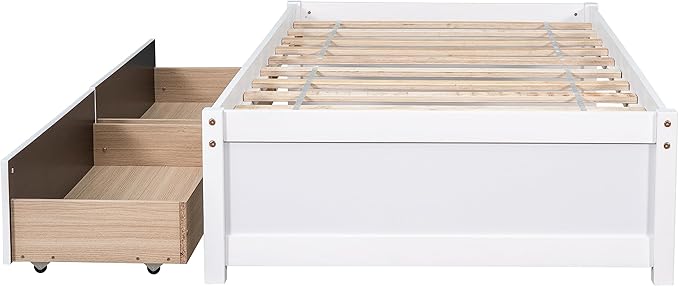 Twin Bed with 2 Storage Drawers, Solid Pinewood Twin Size Bed Frame,for Boys/Girls/Teens Bedroom, Easy to Assemble, No Box Spring Needed,White - LeafyLoom